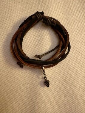Adjustable Brown Leather Wrap Bracelet with Pinecone Charm